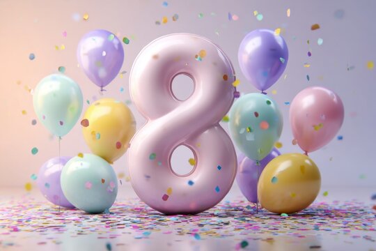 Festive Pink Number Eight Surrounded by Balloons and Confetti