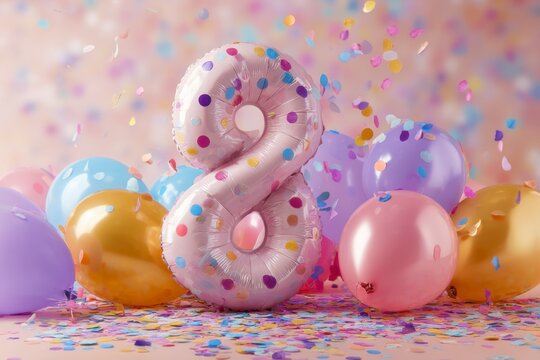Colorful Celebration Background with Number Eight Balloon and Confetti