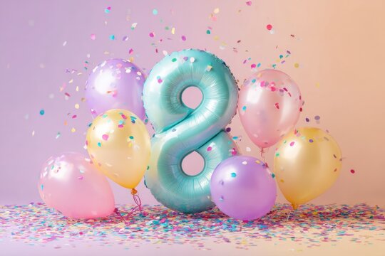 Colorful 8th Birthday Celebration with Balloons and Confetti