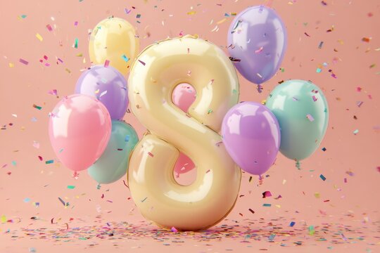 Colorful 8 Balloon with Confetti on Pink Background for Celebrations