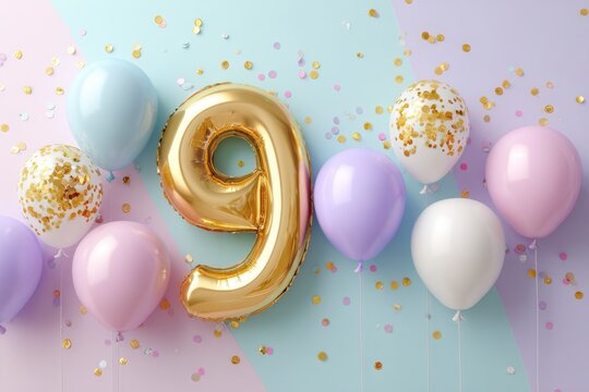 Colorful Balloon Arrangement with Gold Number Nine Celebration Theme