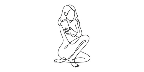 Minimalist line art drawing of woman hugging herself, self care
