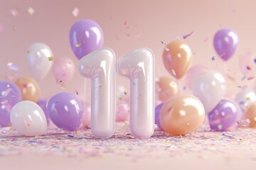Celebration Scene with Number Eleven and Colorful Balloons and Confetti
