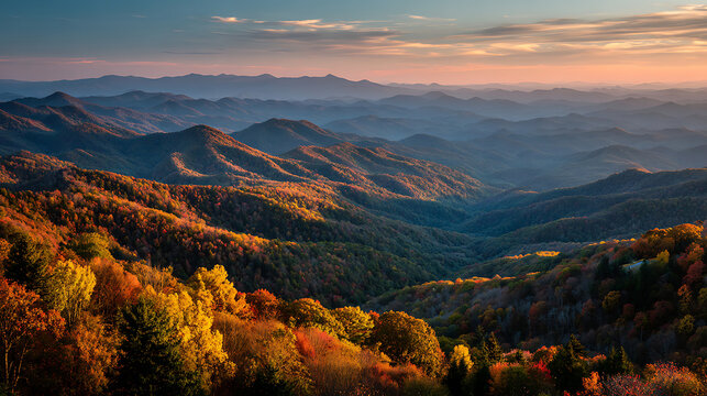 Blue Ridge Parkway mountains in Brevard, North Carolina draped in fiery autumn hues, showing peaceful golden hour scenery.
