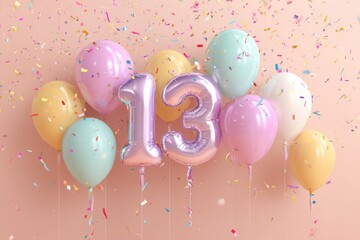 Colorful Balloons and Confetti Celebrating a Thirteenth Birthday