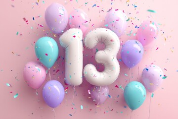 Colorful Balloon Decoration with Number Thirteen for Birthday Celebration