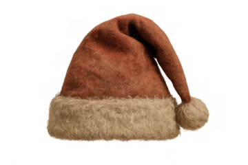 Vintage brown santa hat with shaggy fur trim and pompom, celebrating christmas and holiday season on clear background