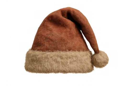 Vintage brown santa hat with shaggy fur trim and pompom, celebrating christmas and holiday season on clear background - Powered by Adobe