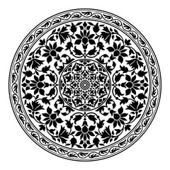 Traditional round black floral pattern, Indian art legacy. No background. Indian, Arabic, Middle East classic style. Suzani style. 