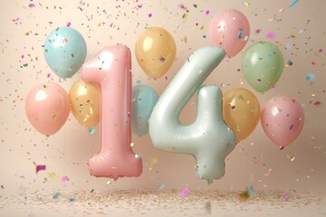 Colorful Balloons and Number 14 Decorate a Festive Celebration Scene