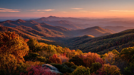 Blue Ridge Parkway mountains in Brevard, North Carolina draped in fiery autumn hues, showing peaceful golden hour scenery.