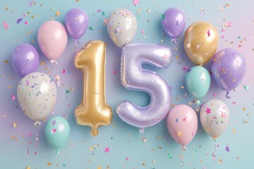 Colorful festive celebration with balloons and confetti for 15th birthday