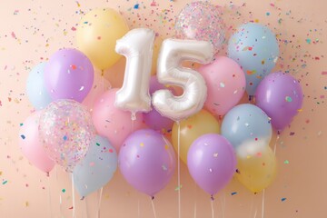 Colorful party balloons with confetti celebrating a special occasion