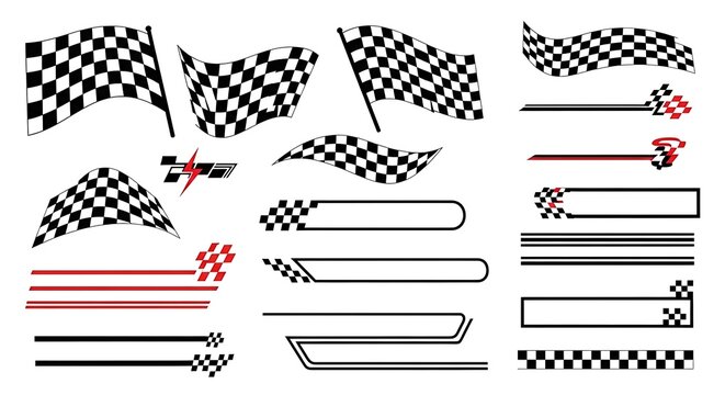 A collection of vector graphic design elements with a motorsport racing theme, including checkered flags, banners, and stripes.