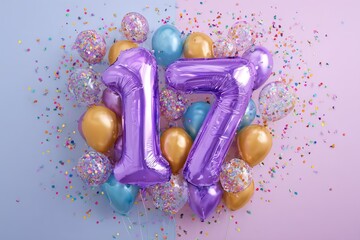 Colorful 17th Birthday Balloon Arrangement with Party Confetti