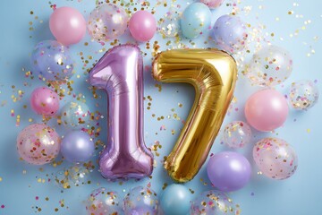 Colorful Balloons and Confetti for 17th Birthday Celebration Scene