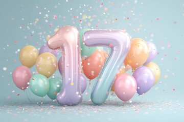 Colorful 17 Balloon Number Against Soft Blue Background with Confetti
