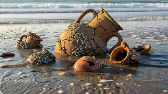 Cracked ancient pottery fragments covered in barnacles rest on a sandy shoreline, with gentle waves