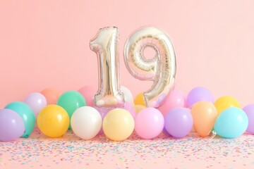 Festive Celebration of Age 19 with Colorful Balloons on Pink Background