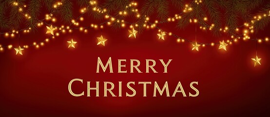 stylish christmas background with golden stars and garland lights on a red color banner, text "Merry Christmas" vector illustration design.