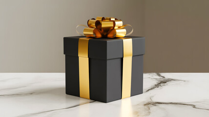 A high-quality product photograph of a black square gift box with a gold metallic ribbon tied into a perfect bow on top.