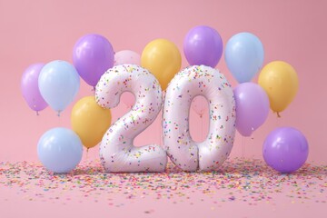 Colorful balloons and festive 20 number decoration for celebration