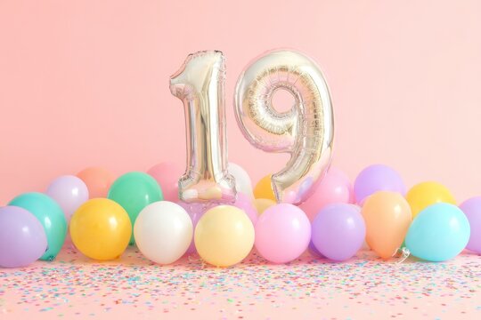 Festive Celebration of Age 19 with Colorful Balloons on Pink Background