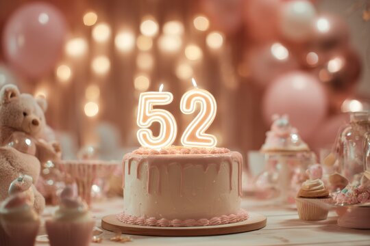 Festive 52nd Birthday Cake with Candles and Sweet Decorations