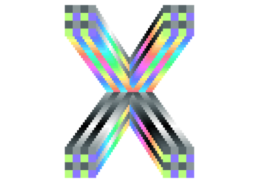 Pixel art letter X with colorful gradient and 3D depth, designed as a clean key visual on transparent background for digital and graphic design.