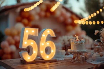 Illuminated Number 56 with Cake at a Festive Outdoor Party Scene