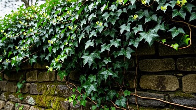 Green ivy cascades over a weathered stone wall, highlighting textures and natural beauty