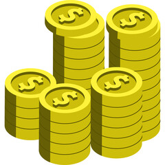 Realistic isometric illustration of stacks of golden dollar coins on a transparent background symbolizing wealth and finance