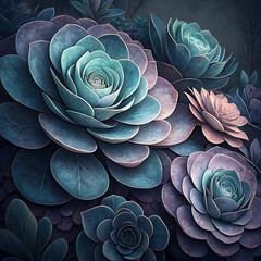 Top down view of lush succulent plants with layered petals and deep moody hues illustration