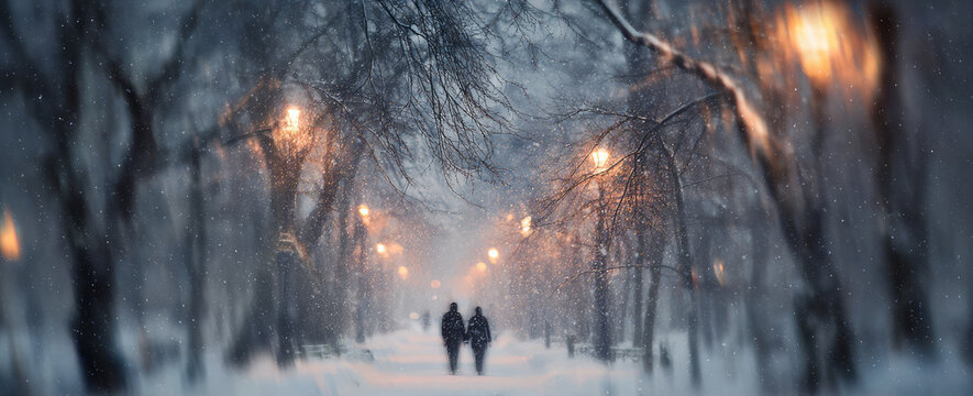 Snowy park winter night couple walking street lights glow, serene romantic atmosphere