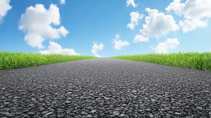 Explore the beauty of a winding country road surrounded by lush green grass and a bright blue sky on a summer day