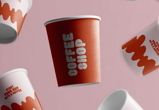 Dynamic Coffee Shop Branding with Floating Cups
