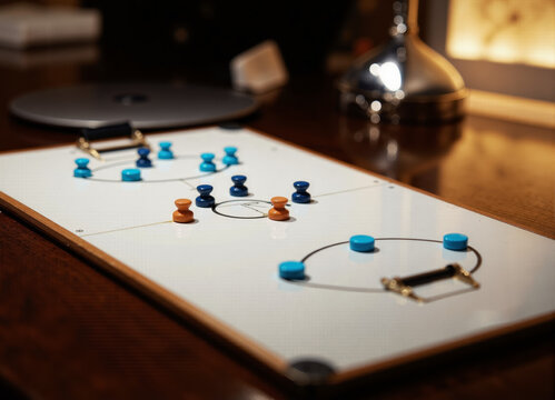 Soccer game board with blue and orange pieces on wooden table  