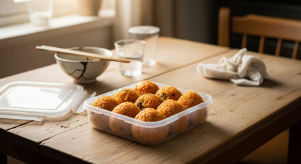 Korean Kimchi Rice Balls in Plastic Container on Wooden Table