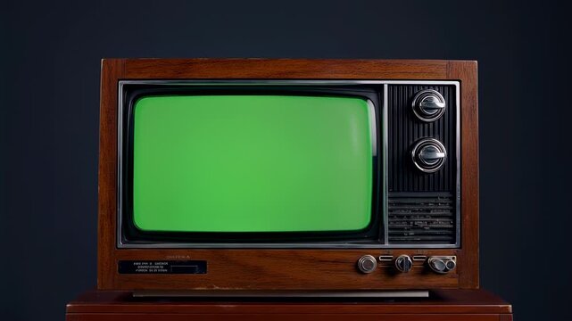 A vintage television with a green screen, framed in wooden cabinet against a dark backdrop