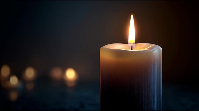 A cinematic, seamless loop video of a single candle flame, flickering gently in a dark, peaceful room. Ideal for meditation, spa, or relaxation themed projects.