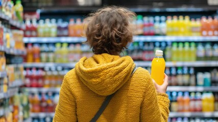 A person holds a bottle of juice while examining beverages in a grocery store filled with various drink options on shelves