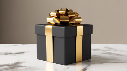 A high-quality product photograph of a black square gift box with a gold metallic ribbon tied into a perfect bow on top.