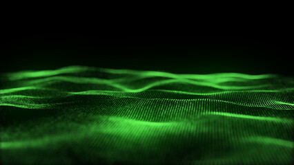 Dynamic green wave of particles and lines. Abstract futuristic background. Big data visualization. 3D rendering.
