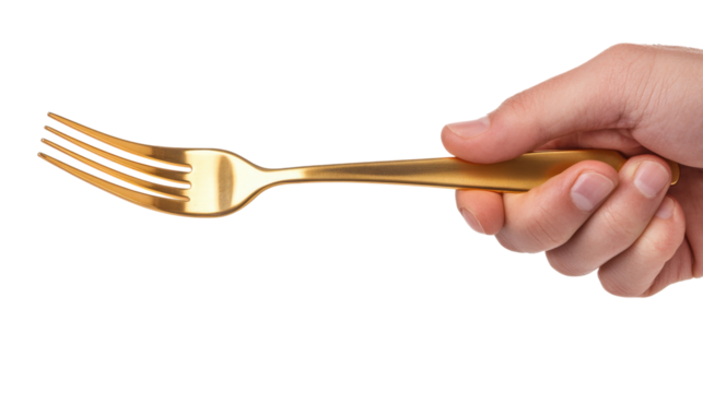 Hand Holds Golden Fork Eating Utensil Flatware Cutlery Metal Cooking Culinary Meal