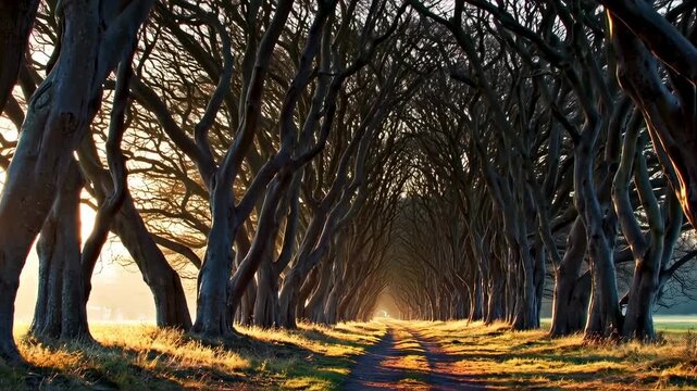 Sunlight streams through a tunnel of intertwined trees along a dirt road