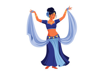 Woman in blue costume dancing with flowing fabric.