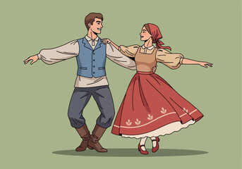 Couple in traditional clothing dancing together with outstretched arms.