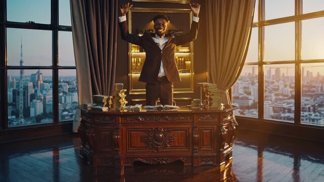 Investor smiles with raised hands. Businessman and entrepreneur celebrate. Champion achiever and winner lead. Executive millionaire and leader take position. Manager and leader win again.