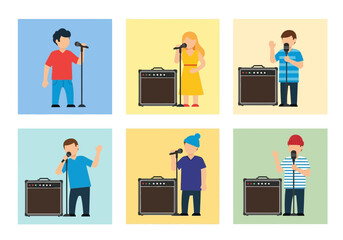 Diverse people singing into microphones with amplifiers.