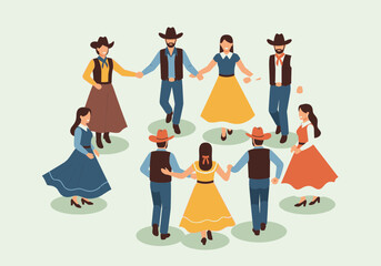 People in cowboy hats and dresses holding hands in a circle.